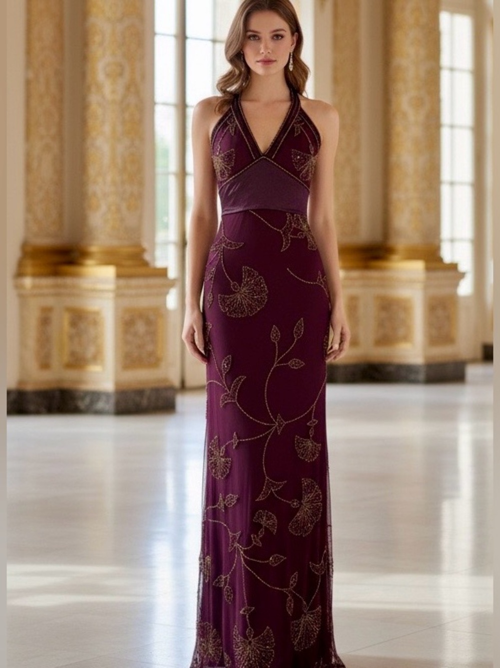 Elegant Plum burgandy wine Halter hand beaded Evening Gown stretch size small